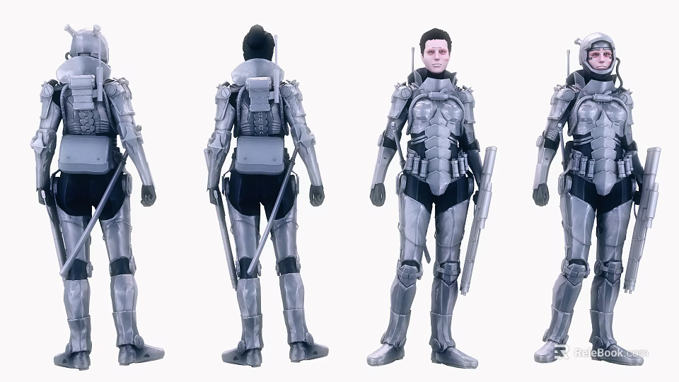 Woman In Full Body Silver Armor Shown From Different Angles With Weapon 3d model 