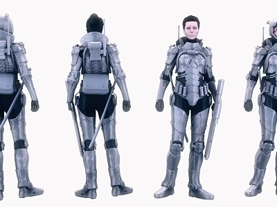 Woman In Full Body Silver Armor Shown From Different Angles With Weapon 3d model