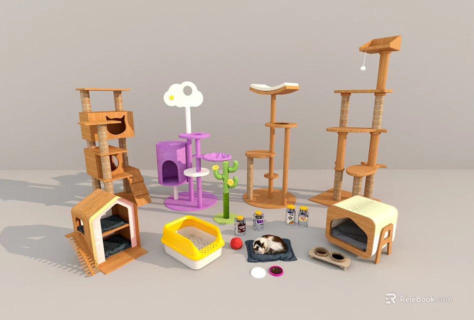 Various Cat Tree Options With Wooden Structure Multi Level Platforms And Pet Toys 3d model