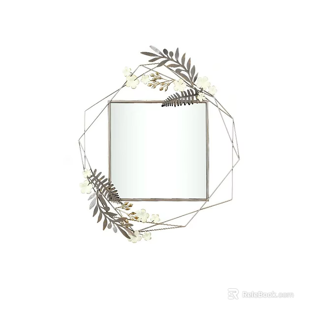 Square Mirror With Geometric Frame Decorated By White Flowers And Dark Green Leaves 3d model 