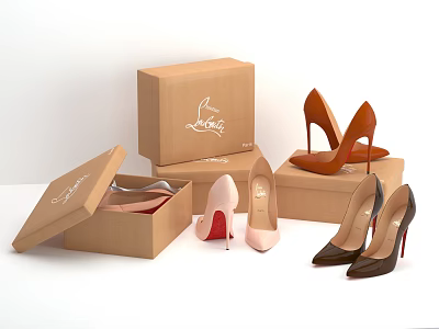 Stylish High Heels In Various Colors With Open And Closed Brown Shoe Boxes 3d model