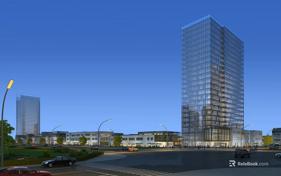 Modern High Rise Office Building With Glass Facade Surrounding Street Greenery And Vehicles 3d model 