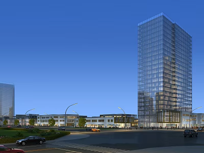 Modern High Rise Office Building With Glass Facade Surrounding Street Greenery And Vehicles 3d model