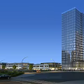 Modern High Rise Office Building With Glass Facade Surrounding Street Greenery And Vehicles