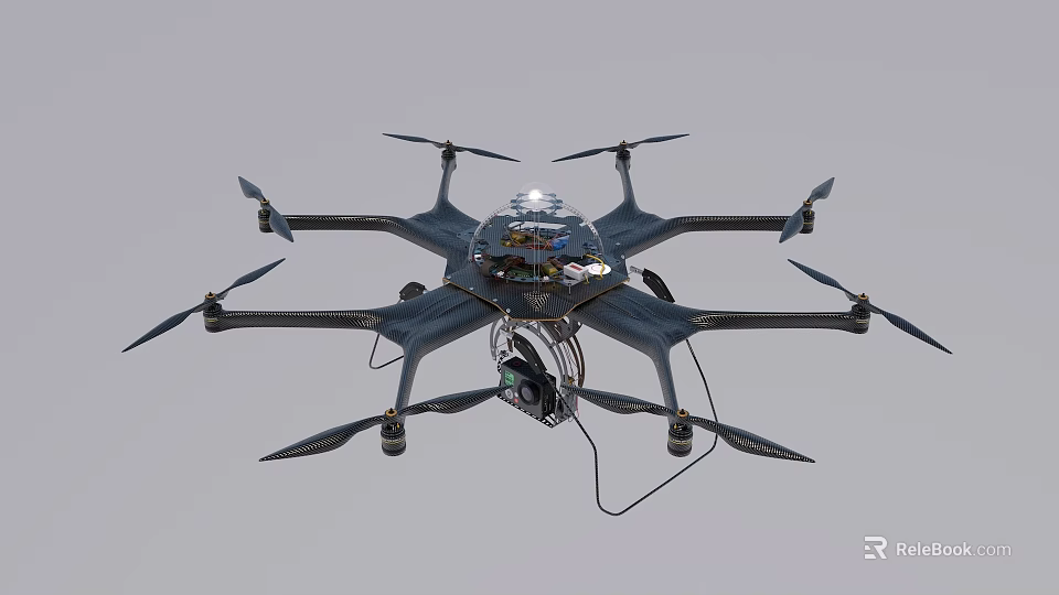 Black Multi Rotor Drone With Multiple Propellers And Top Mounted Equipment Design 3d model 