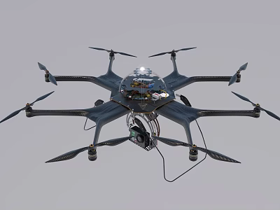 Black Multi Rotor Drone With Multiple Propellers And Top Mounted Equipment Design 3d model