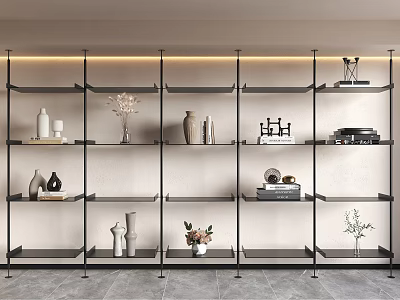 Modern Bookshelf with Open Shelves Decorative Vases Books Ornaments and Top Strip Lighting 3d model