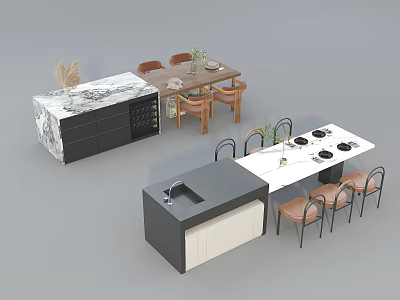 Modern Dining Table Set With Marble Top Wooden Chairs White Table And Cabinet 3d model