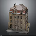 European Style Multi Story Building Model With Pink Roof Yellow Walls And Chimney
