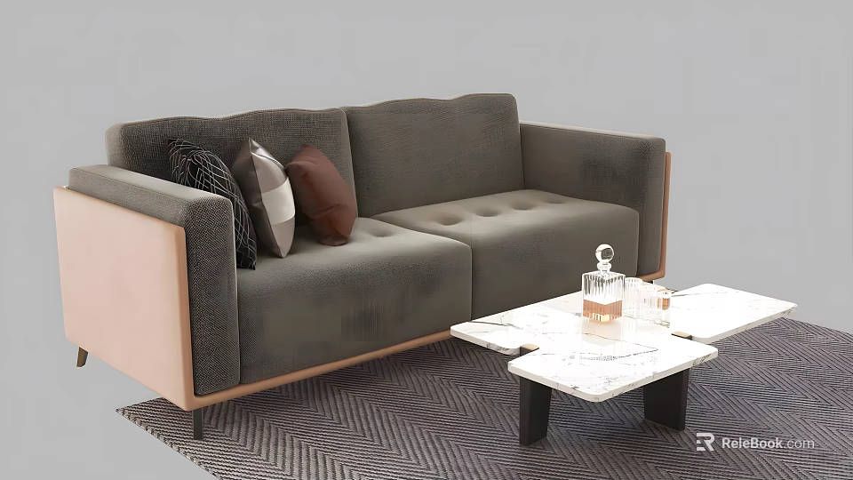 Modern Gray Sofa With Beige Armrests Decorative Pillows And Marble Coffee Table Set 3d model