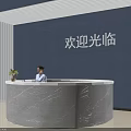 Modern Curved Marble Reception Desk With Staff Blue Welcome Wall And Plant