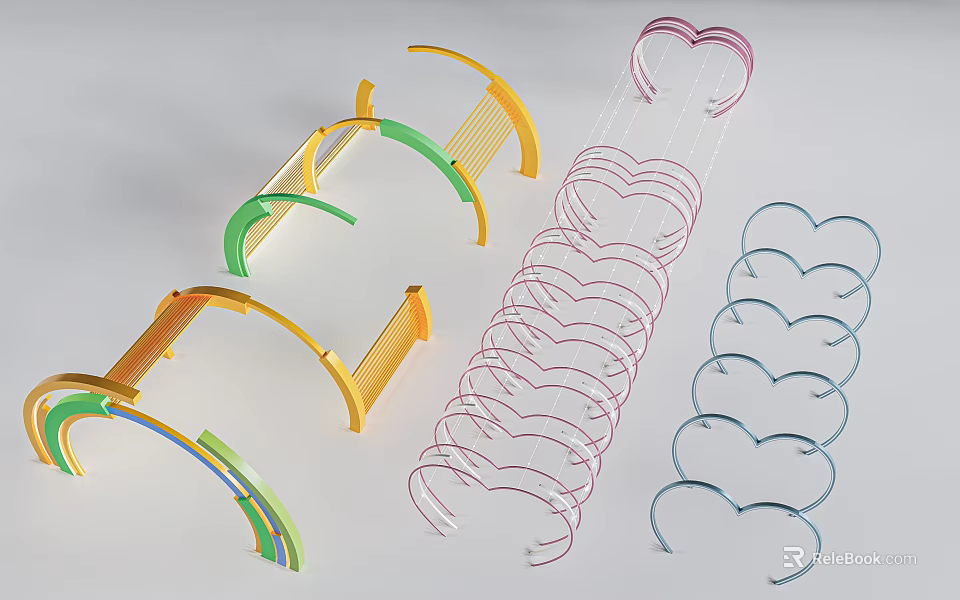 Colorful Curved Pergola Designs with Multiple Yellow Green Pink and Blue Arched Shapes 3d model 