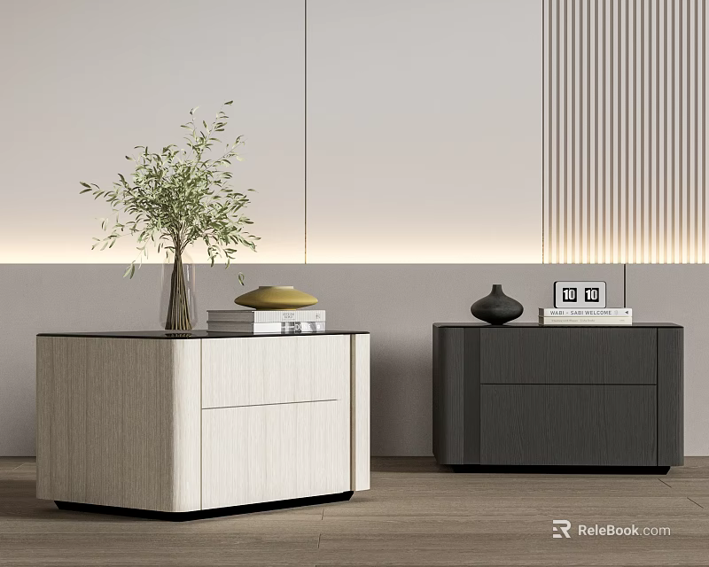 Light And Dark Bedside Tables With Vase Green Plant Books And Decorative Items 3d model 