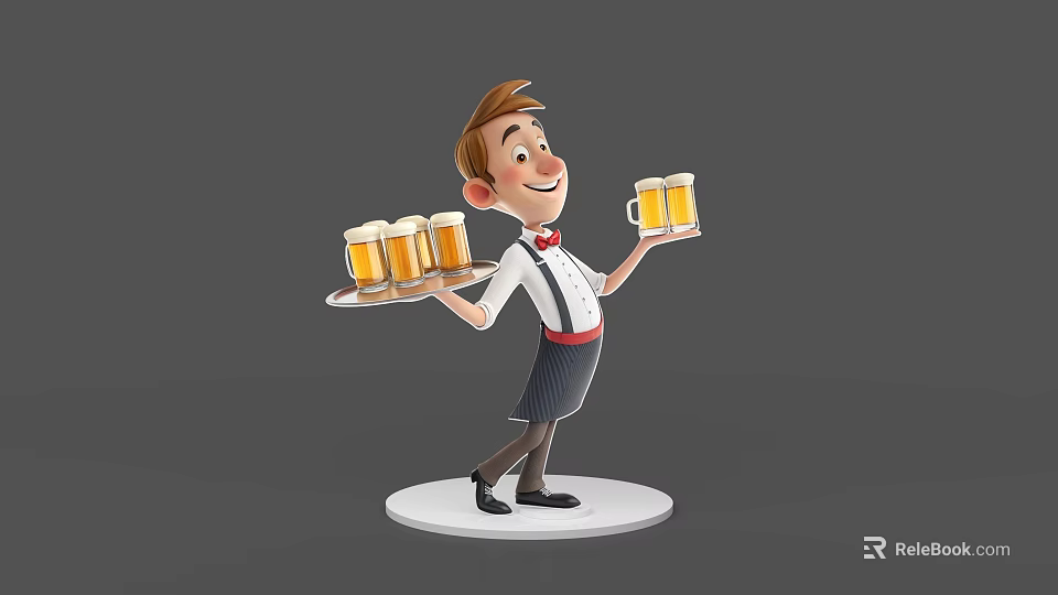 Cartoon Style Game Movie Waiter Character Holding Beer Mugs And Tray With Smiling Expression 3d model 
