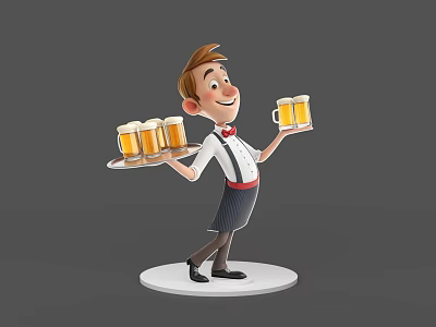 Cartoon Style Game Movie Waiter Character Holding Beer Mugs And Tray With Smiling Expression 3d model