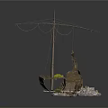 Vintage Watercraft Featuring Damaged Boat Wreckage And Intact Sailing Vessel With Mast