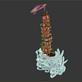 Cartoon Style Red Pagoda Tower With Pink Umbrella On Blue Wave Base