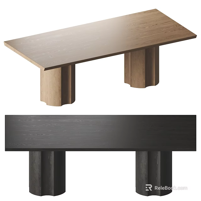 Minimalist Wooden Dining Table With Natural Wood Grain And Column Legs Design 3d model 