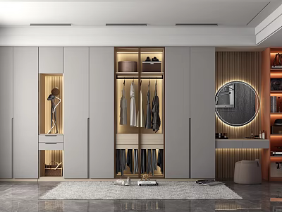 Modern Gray Wardrobe Interior Design With Open Storage Hanging Area And Round Mirror 3d model