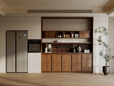 Modern Kitchen Interior With Wooden Sideboard Refrigerator Oven And Potted Plant 3d model