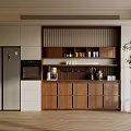 Modern Kitchen Interior With Wooden Sideboard Refrigerator Oven And Potted Plant