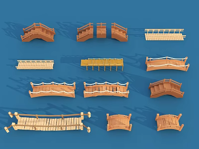 Various Wooden Bridge Models With Arched Flat Styles And Decorative Railings 3d model