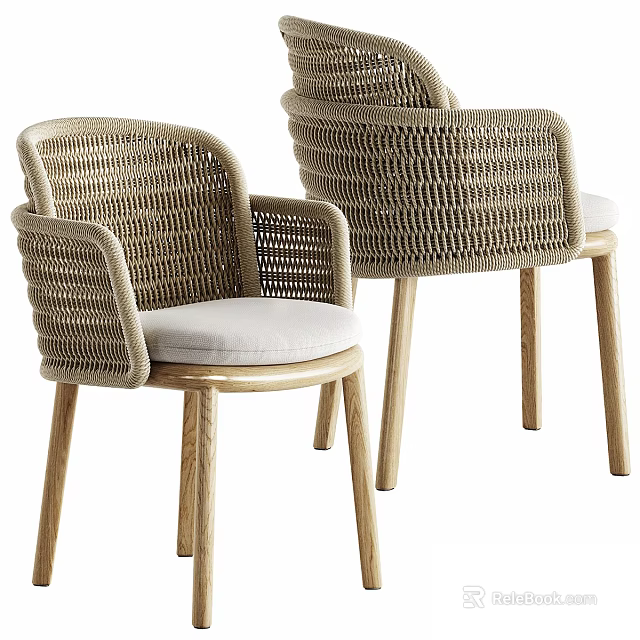 Natural Wicker Single Chair With Wooden Legs And Soft Cushioned Seat For Home 3d model 