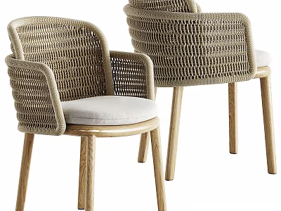 Natural Wicker Single Chair With Wooden Legs And Soft Cushioned Seat For Home 3d model
