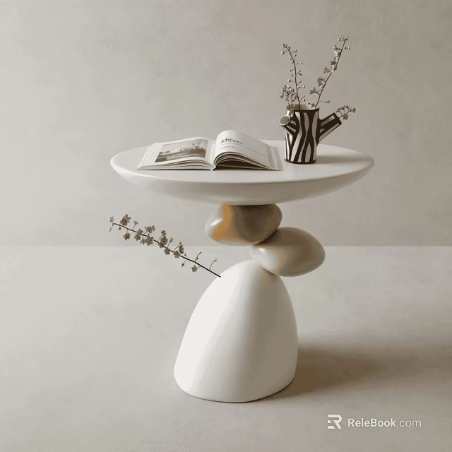 Modern Round Table With Stone Shaped Base White Tabletop Open Book And Vase 3d model 