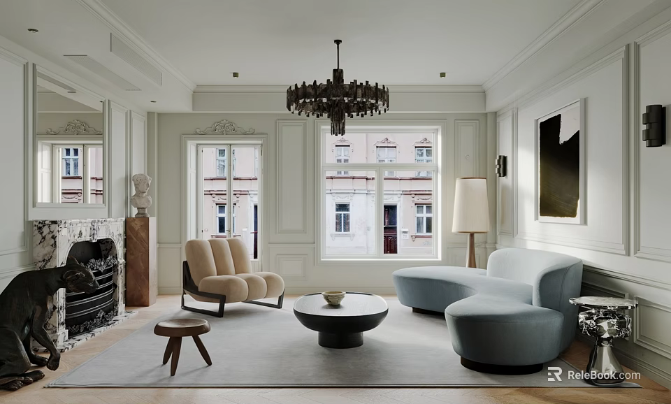 Elegant Modern Living Room Interior With Curved Sofa Chandelier And Coffee Table 3d model 
