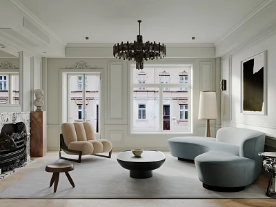 Elegant Modern Living Room Interior With Curved Sofa Chandelier And Coffee Table 3d model