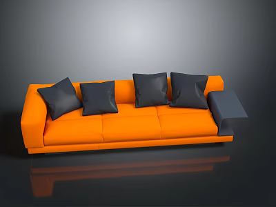Modern Orange Sofa With Four Black Cushions And Small Square Gray Ottoman 3d model