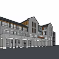 Traditional And Modern Commercial Complex With Grey Facade Glass Curtain Wall And Retail Storefronts