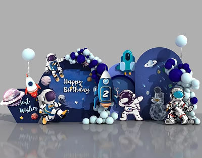 Fun Blue Space Themed Photo Spot With Astronauts Rocket Planets Balloons Happy Birthday 2 3d model