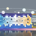 2022 Asia International Summit Display Wall With Blue Background Square Panels And Circular Light Rings