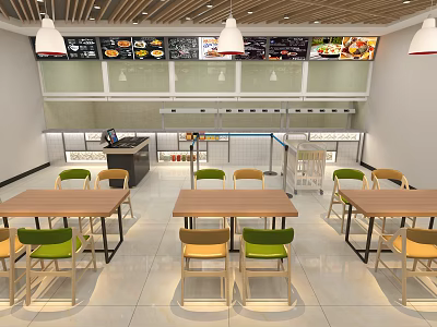 Modern Restaurant Dining Area With Wooden Tables Green Yellow Chairs White Pendant Lights Order Counter 3d model