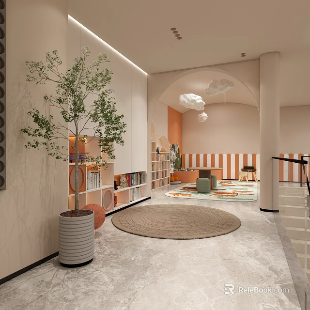 Modern Interior Space With Plant Bookshelves Striped Walls And Cloud Lights 3d model 