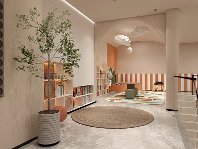 Modern Interior Space With Plant Bookshelves Striped Walls And Cloud Lights 3d model