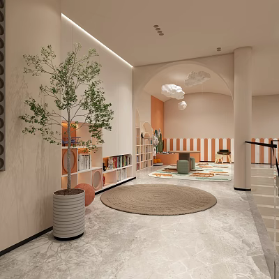 Modern Interior Space With Plant Bookshelves Striped Walls And Cloud Lights 3d model