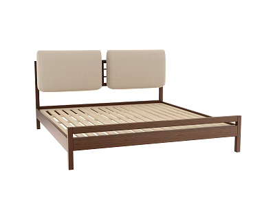 Modern Minimalist Double Bed With Wooden Frame And Beige Upholstered Headboard Slatted Base 3d model