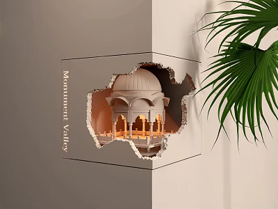 Monument Valley Themed Wall Light with Architectural Design and Green Plant Decor 3d model