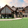 Traditional Style Hotel Building With Courtyard Lush Greenery And Multiple Structures 3d model