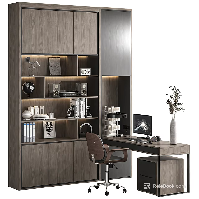 Modern Desk With Wooden Shelves Computer Chair Decorations Books Speakers Vase And Desktop Setup 3d model 