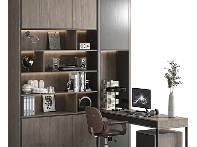 Modern Desk With Wooden Shelves Computer Chair Decorations Books Speakers Vase And Desktop Setup 3d model