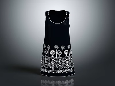 Black Sleeveless Women's Dress With White Floral Embroidered Pattern Design 3d model