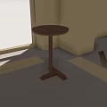 Round Wooden Side Table in Room with Geometric Floor White Door Frame and Metal Grille