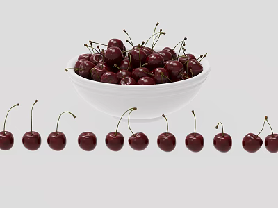 Juicy Fresh Ripe Cherries in White Bowl with Arranged Cherries Beside 3d model