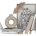 Stylish Decorative Ornament Set With Books Vases Framed Art Dried Flowers And Circular Ornaments
