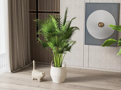 Potted Green Plant in White Pot in Modern Indoor Setting with Cat Figurine and Curtain 3d model