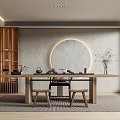Serene Tea Room Interior With Wooden Table Stools Circular Lighting And Textured Wall